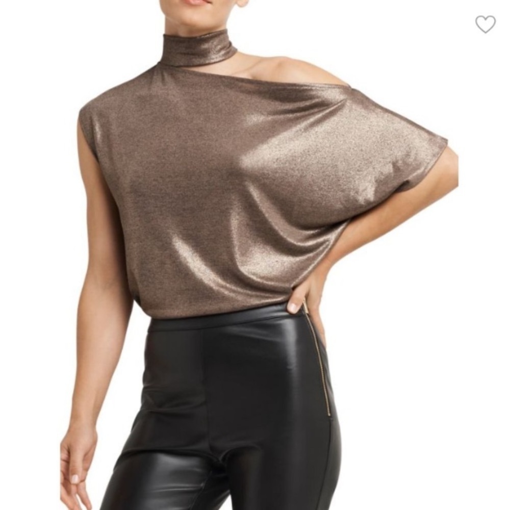 H HALSTON Women's Top Metallic Cold Shoulder bronze size Small NWOT
